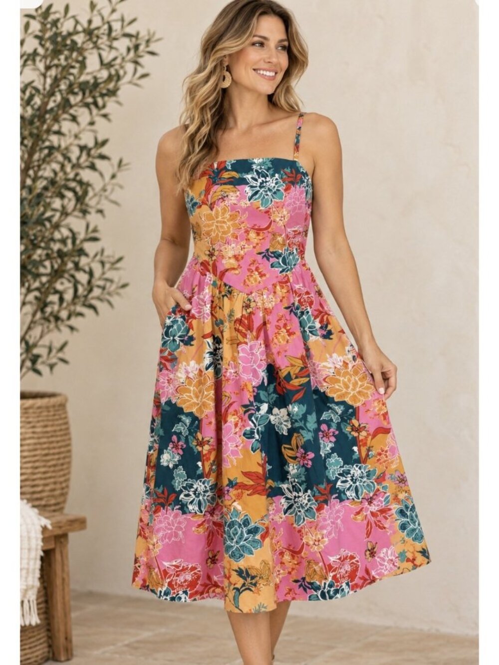 Tulip Creation I'Vonna Midi Sundress Size Large Pink Orange Floral Smocked